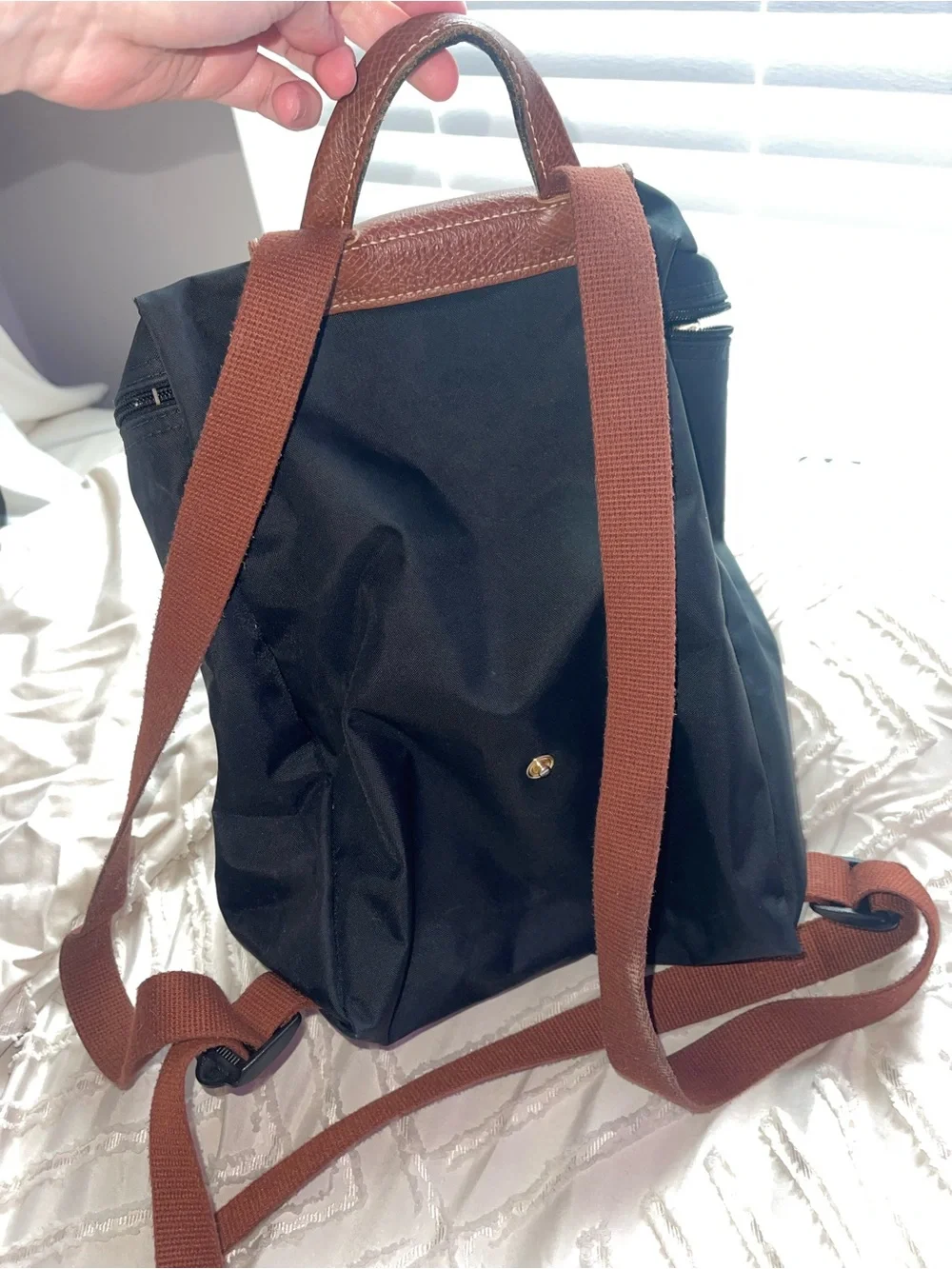 Longchamp Black Nylon Mini Backpack with Brown Leather Trim
